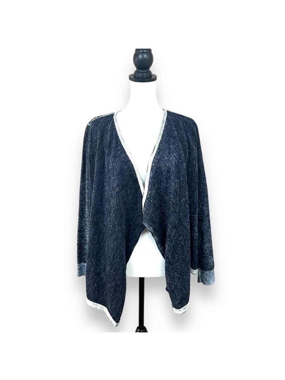 Chico's Open Front Waterfall Navy Silver Metallic Sparkly Cardigan Sz 2 (L 12)
